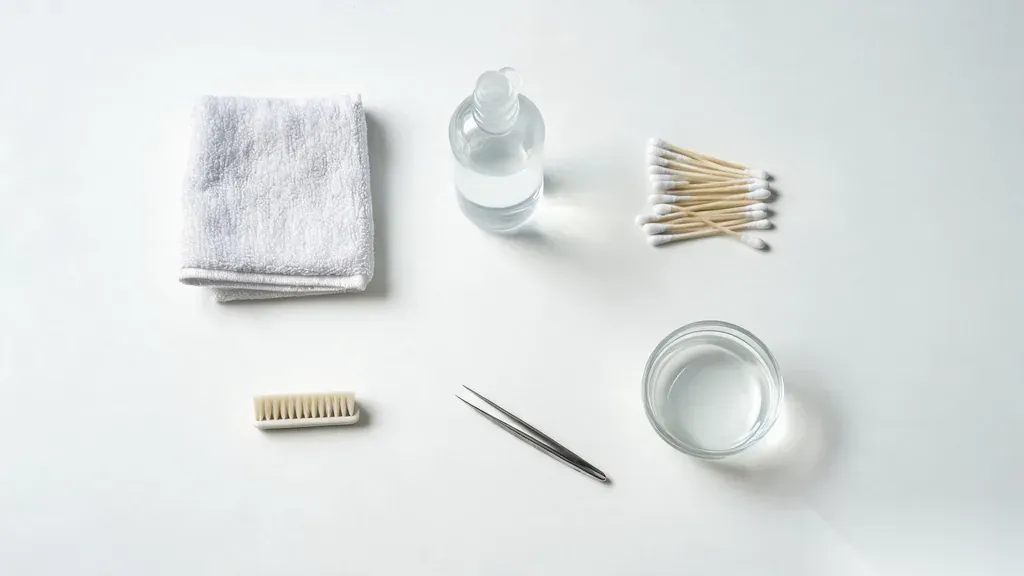 Top-down flat lay of headphone cleaning supplies including a microfiber cloth, rubbing alcohol, cotton swabs, a soft brush, distilled water, and tweezers on a white surface