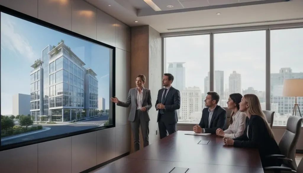 Architect presenting a photorealistic 3D building rendering on a large interactive display to clients in a premium construction firm boardroom