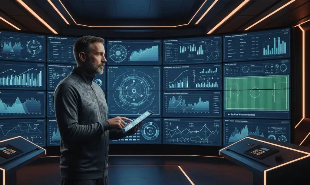 A football head coach reviewing AI-generated insights on a large curved display wall showing multiple data dashboards in a sports technology command center