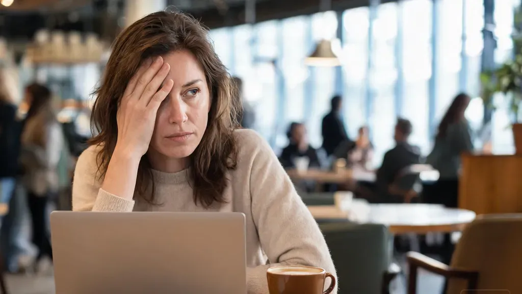 Person sitting at a crowded coffee shop, laptop open, visibly distracted by the noise around them, ambient daylight, candid editorial style with natural skin textures