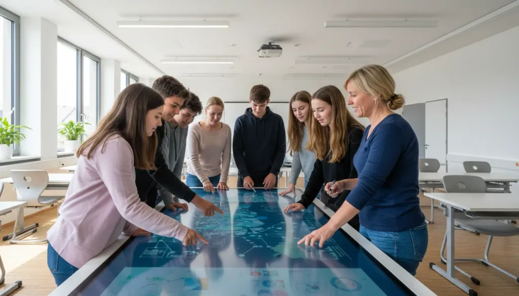 Schüler und Lehrer arbeiten gemeinsam an einem großen interaktiven Touchscreen in einem hellen Klassenzimmer