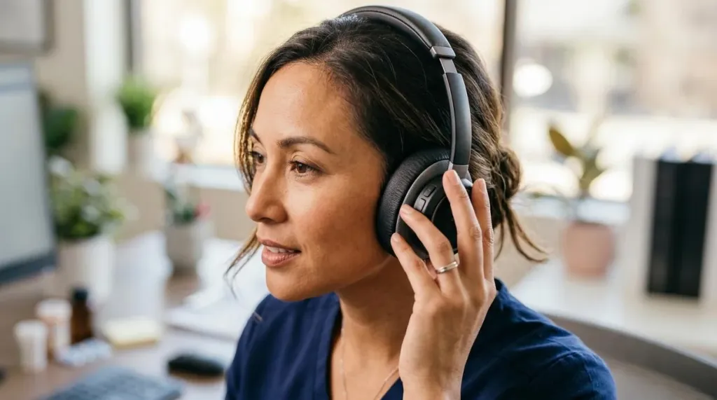 Close-up of a healthcare professional adjusting a comfortable wireless headset during a video call break