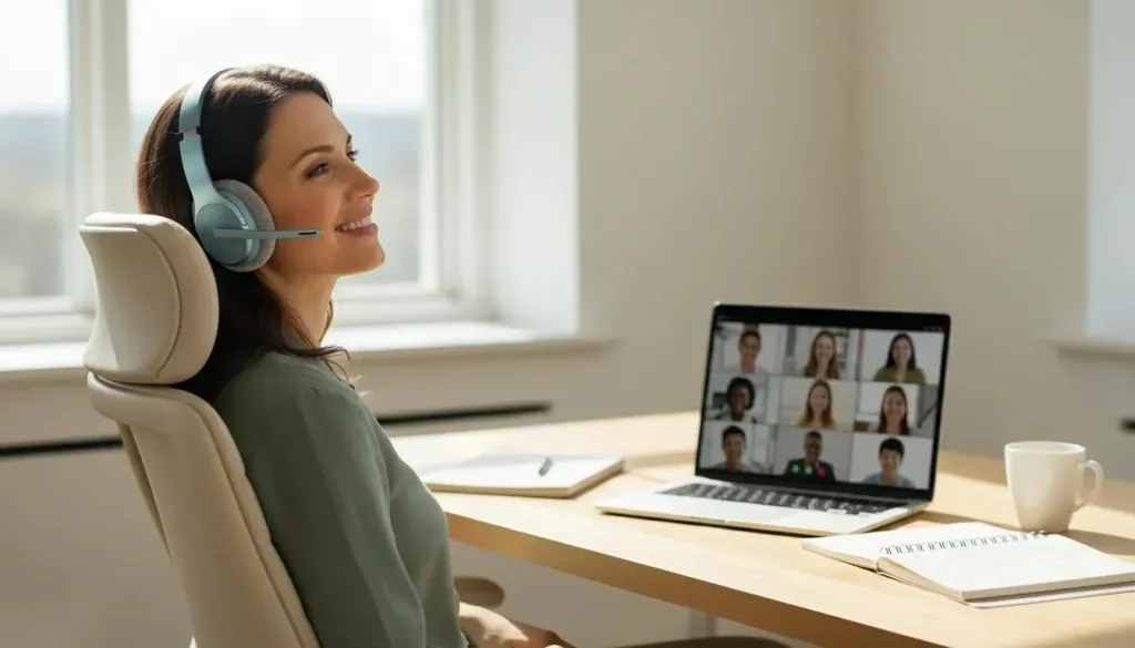 Female teacher wearing an ergonomic wireless headset during a long online lesson, smiling naturally and sitting in a comfortable posture, showing soft ear cushions and lightweight headset design in a modern home office