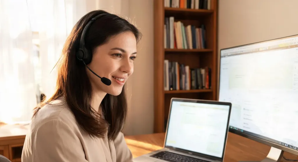 A female teacher in a comfortable extended teaching session wearing a wireless headset, smiling, with a laptop and monitor showing multiple tabs