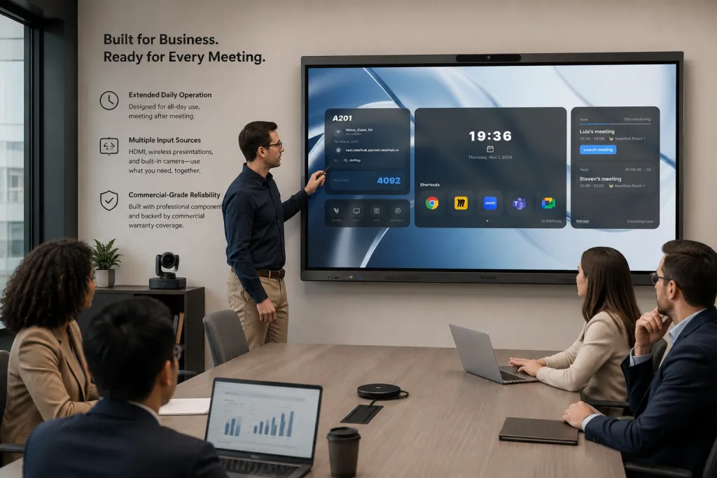 Commercial conference room display with multiple input sources and all-day business use