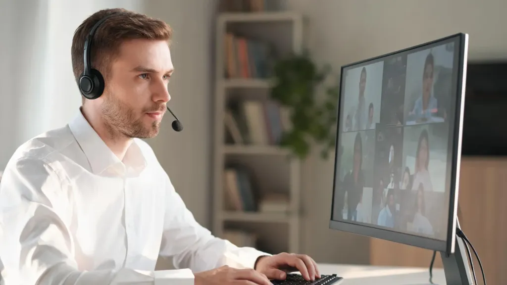 A professional man in a white shirt wearing a black over-ear business headset during a video call at his home office desk