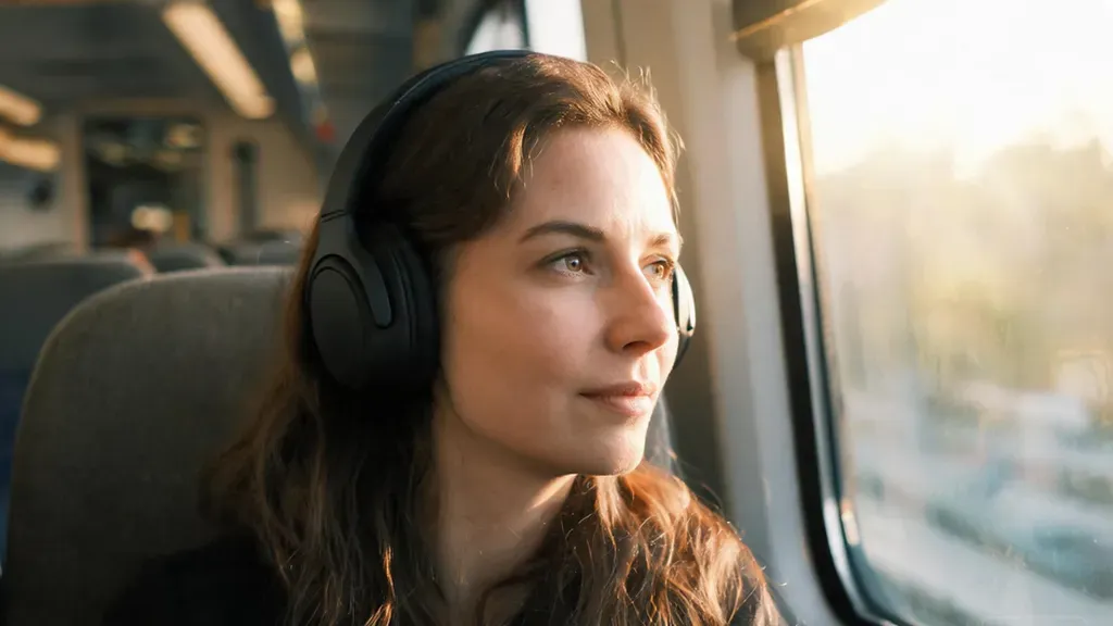 Person wearing a headset while commuting on public transit, calm expression, soft afternoon light through the window, candid lifestyle photography