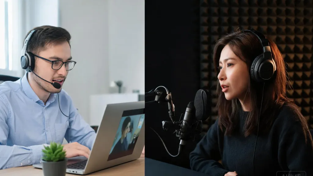 Split comparison showing a professional at a desk wearing a headset versus a content creator at a studio microphone
