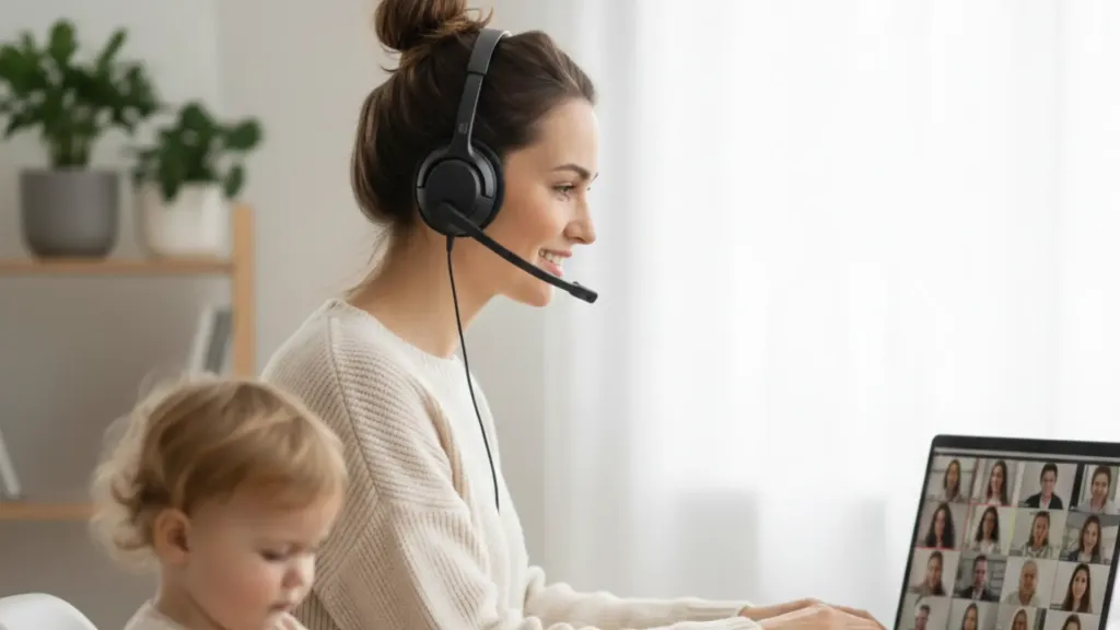 A mother in a home office wearing a boom mic headset during remote work.