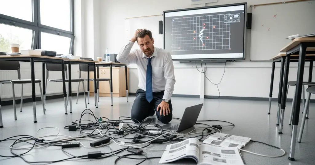 An IT administrator surrounded by tangled cables and manuals trying to calibrate an interactive whiteboard