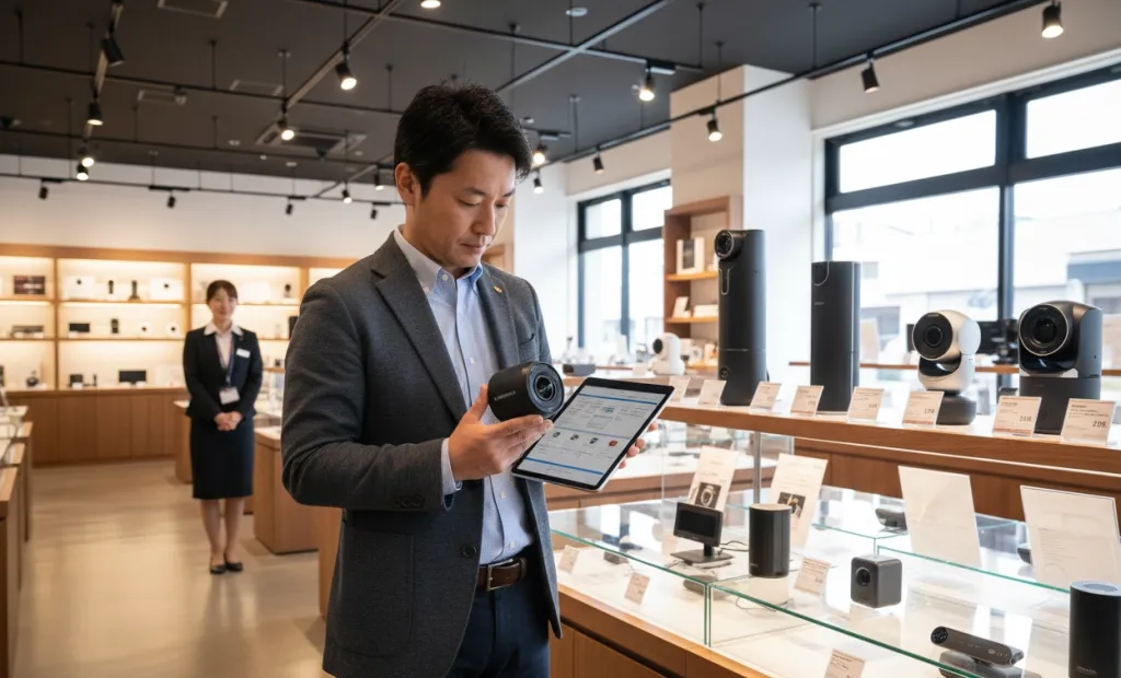 会議用カメラを選定しているシーン