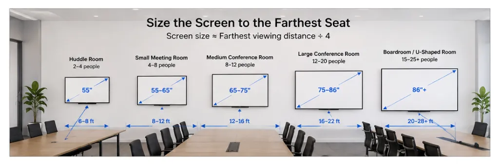 Recommended conference room display sizes based on the farthest viewing distance