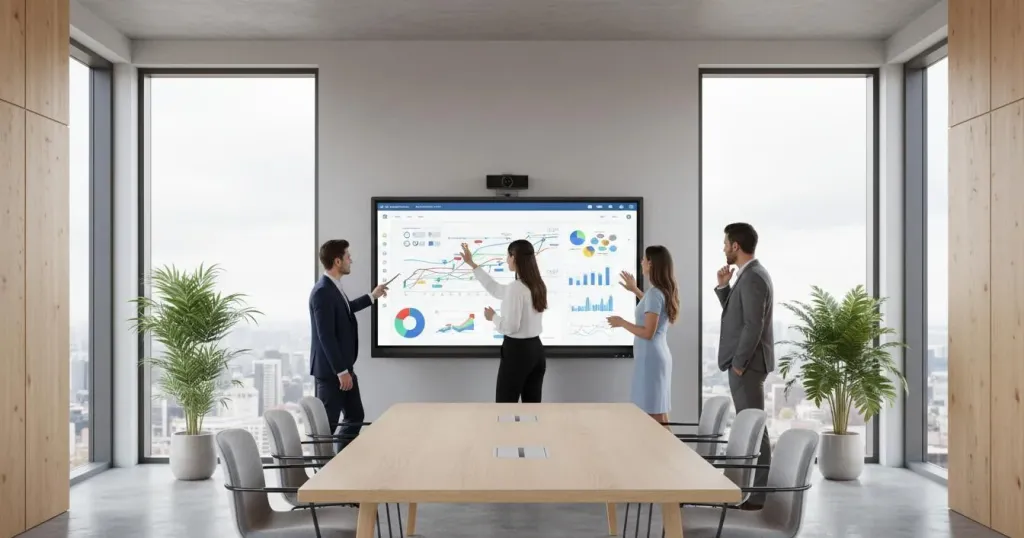 Team arbeitet kollaborativ an einem interaktiven Display in einem modernen Konferenzraum mit Glaswänden