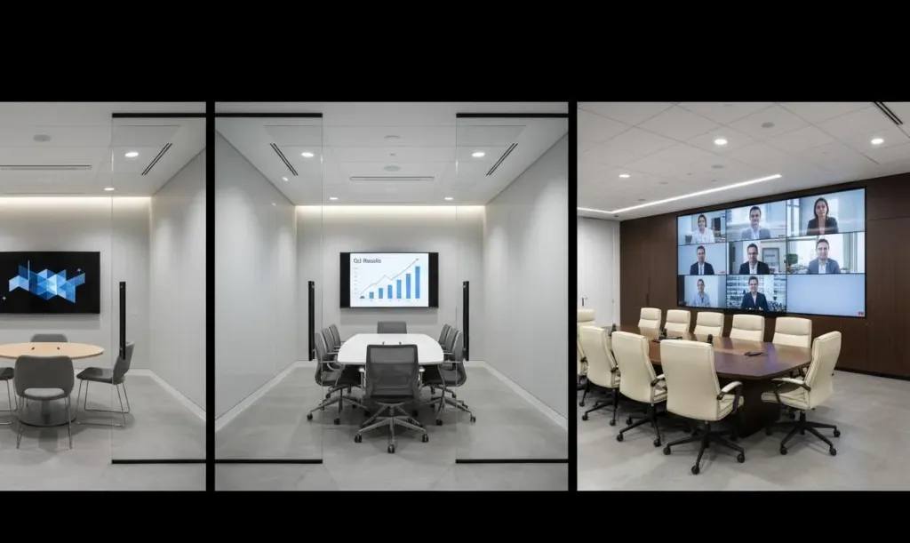 Three different conference room sizes side by side showing appropriate display configurations for huddle rooms, medium meeting rooms, and large executive boardrooms