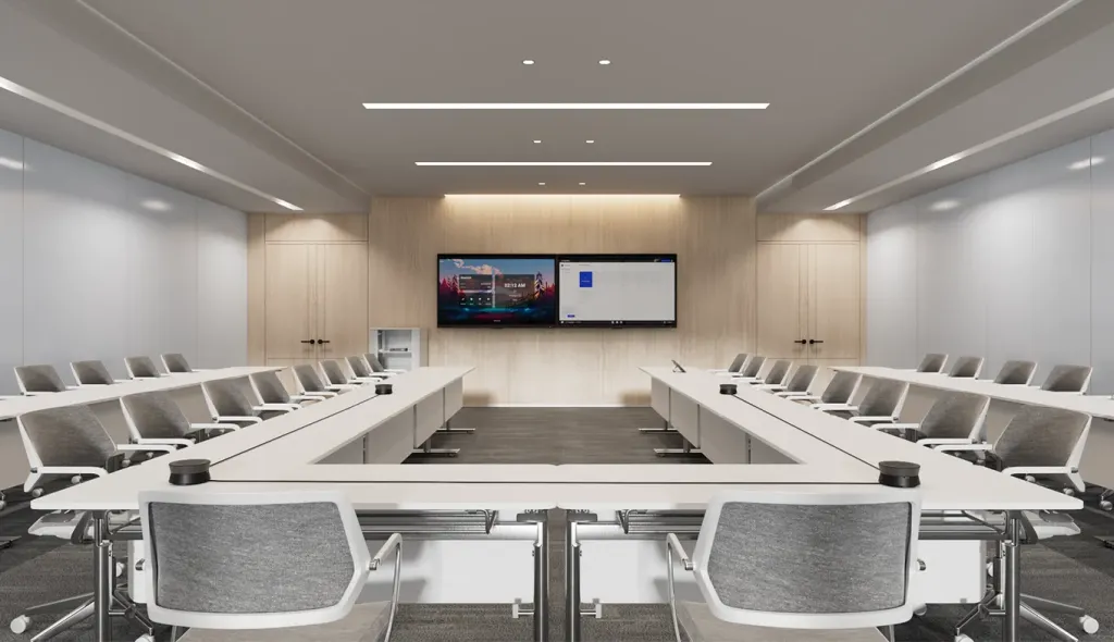 A large conference room with 4 speakerphone.