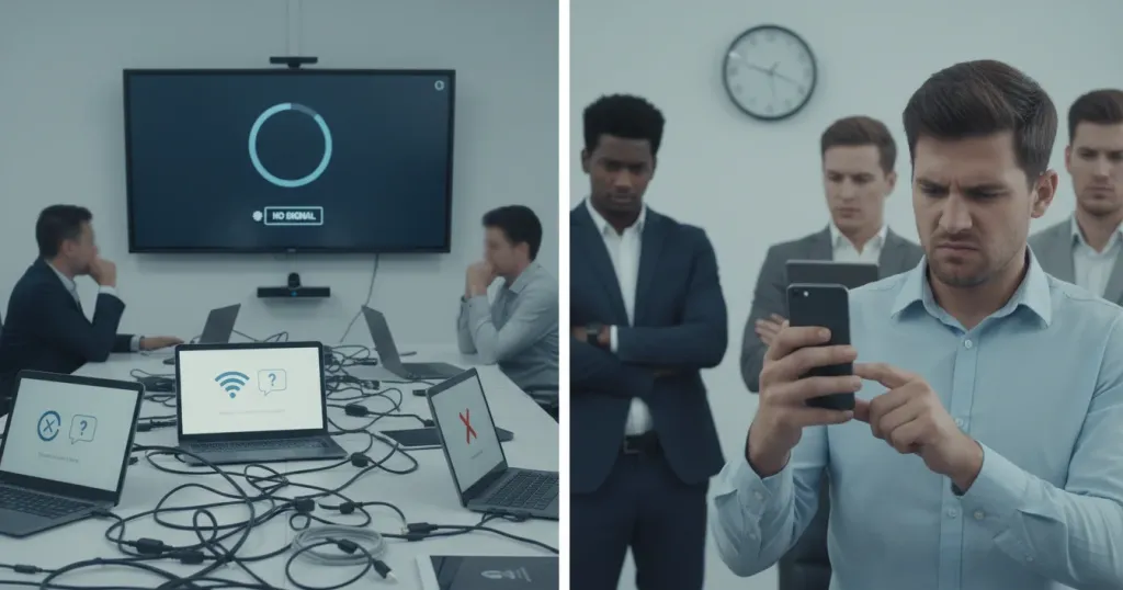 Split scene showing devices failing to connect and frustrated professionals waiting in a meeting room