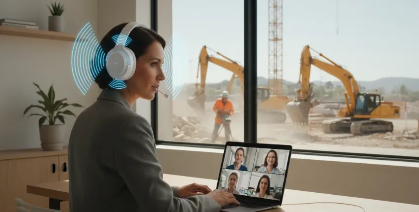 Hybrid worker using AI noise cancellation headset to block construction noise during an online meeting