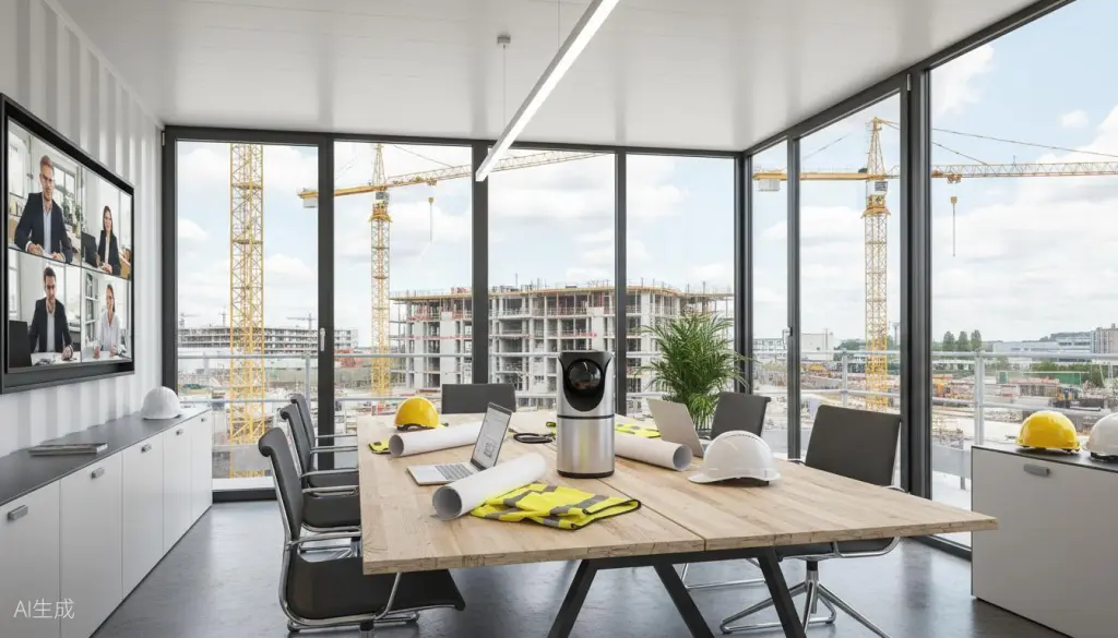 Moderner Baustellen-Bürocontainer mit professioneller Videokonferenz-Ausstattung und 360-Grad-Kamera auf dem Konferenztisch