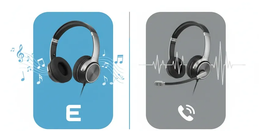 Split-screen comparison of consumer music headphone with small built-in mic versus professional business headset with boom microphone array