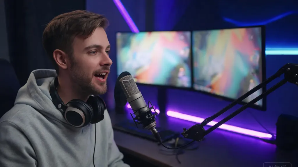 A content creator streaming with a desktop microphone on a boom arm in an RGB-lit gaming setup