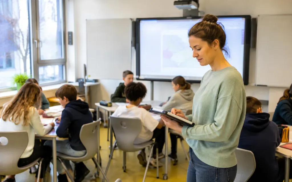 Schülerinnen und Schüler arbeiten in Gruppen und präsentieren Ergebnisse im Unterricht
