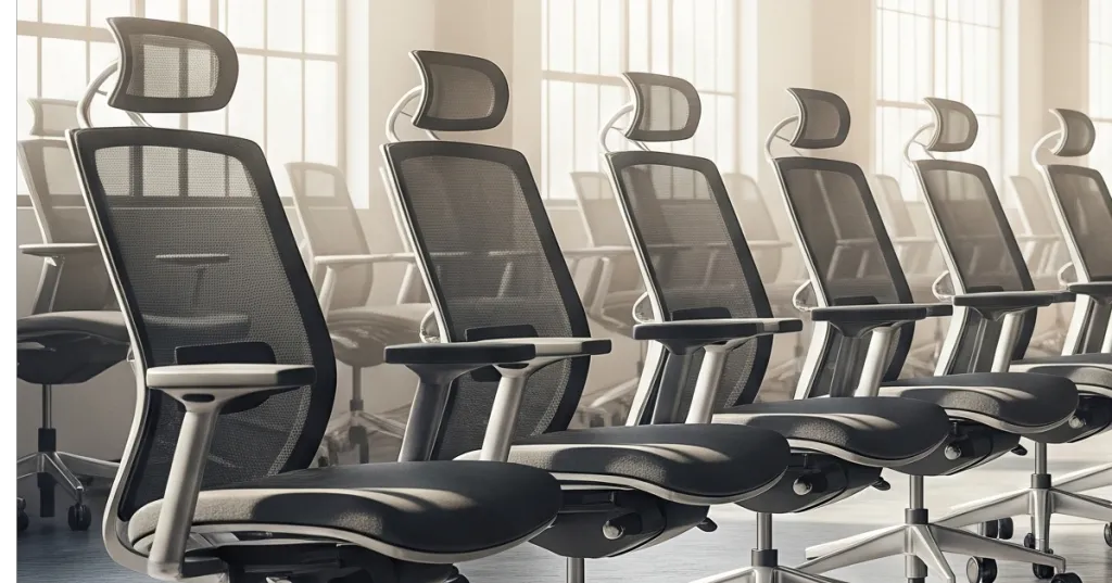 Row of high-end mesh ergonomic office chairs lined up in a bright, organized corporate warehouse for a clearance sale