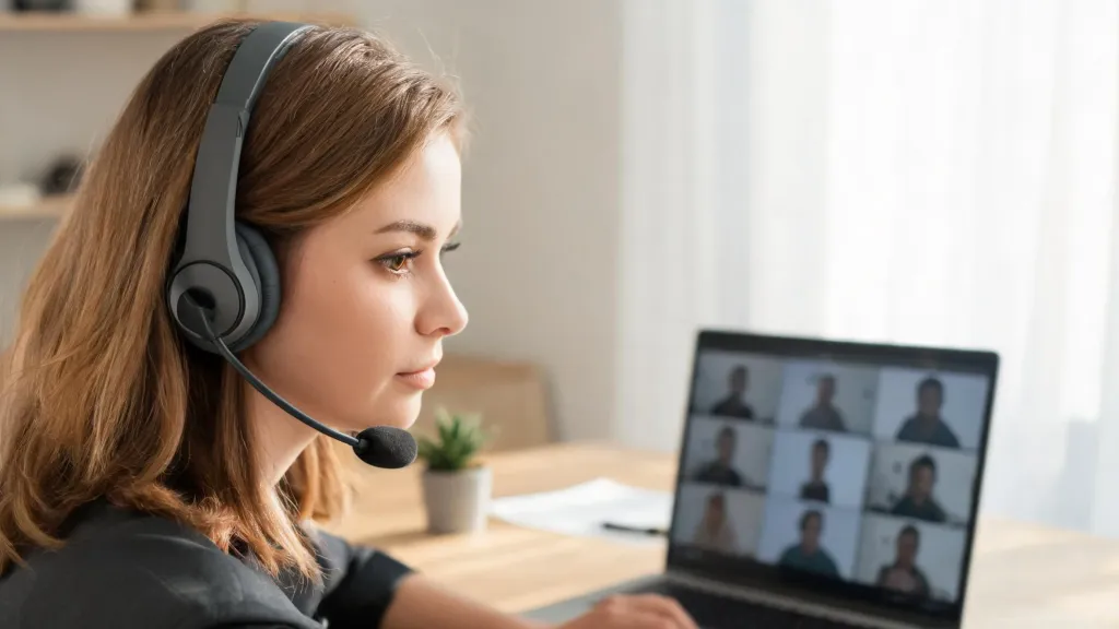 A professional remote worker wearing a wireless headset during a bright home-office video call, natural window light, laptop screen showing a meeting interface, calm focused expression.