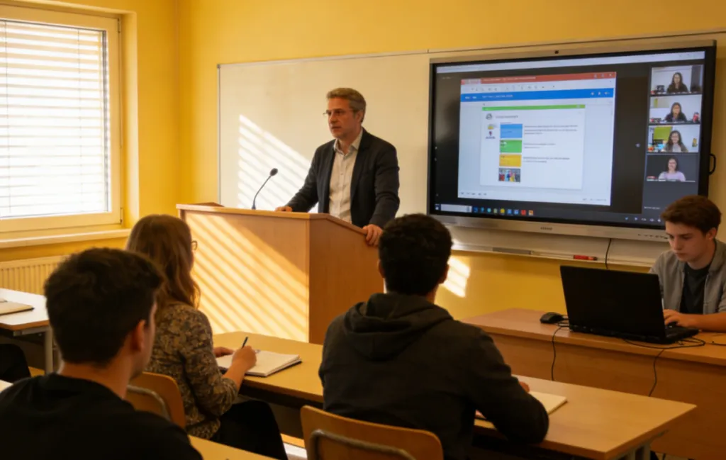 Students and a teacher in a hybrid learning classroom using an interactive screen to connect in-person and remote learners.