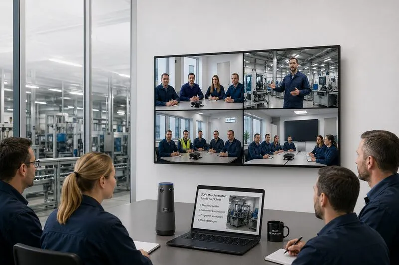 360-Konferenzkamera in einer Besprechung am Produktionsstandort mit Blick auf Fertigungsanlagen im Hintergrund