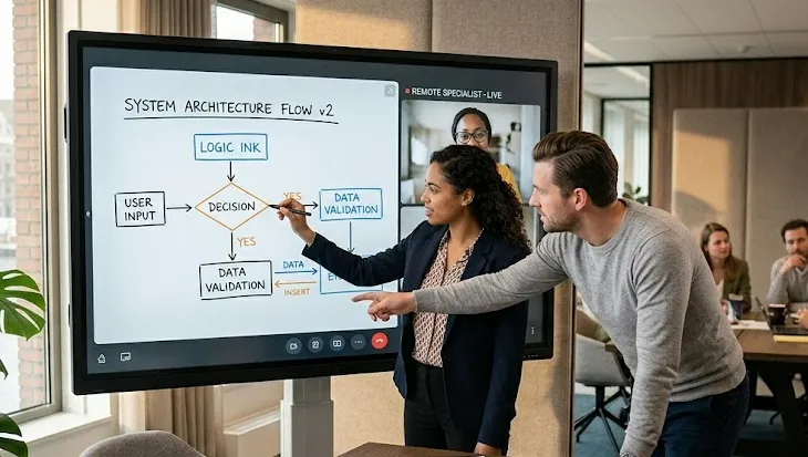 Figure 1: Team collaborating using an interactive display in a modern hybrid office environment