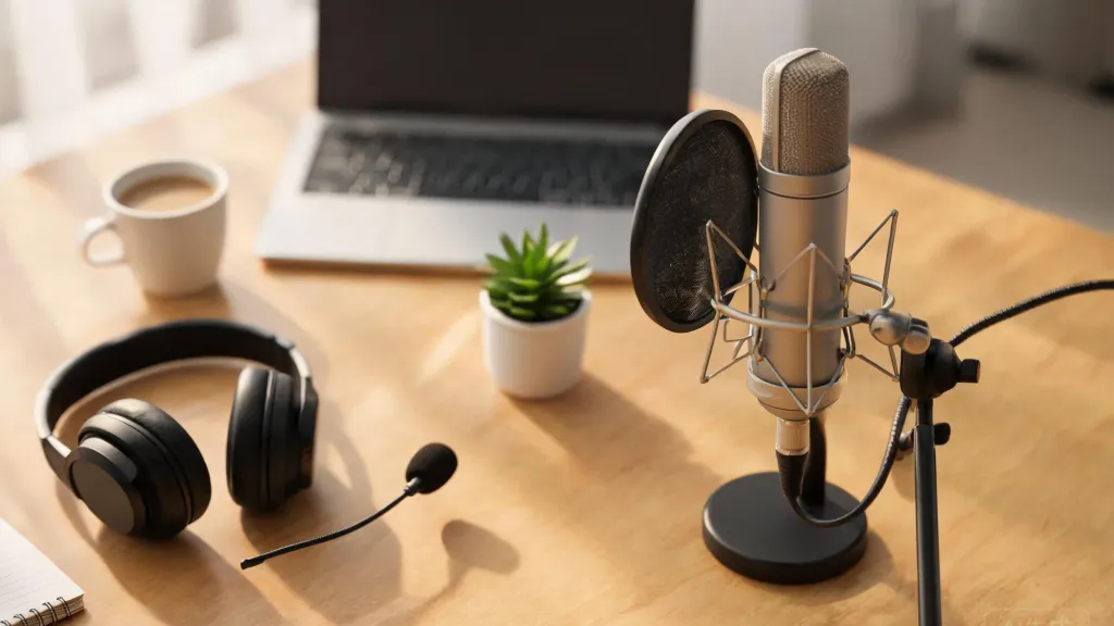 A modern workspace desk showing both a headset with boom microphone and a desktop microphone with stand side by side