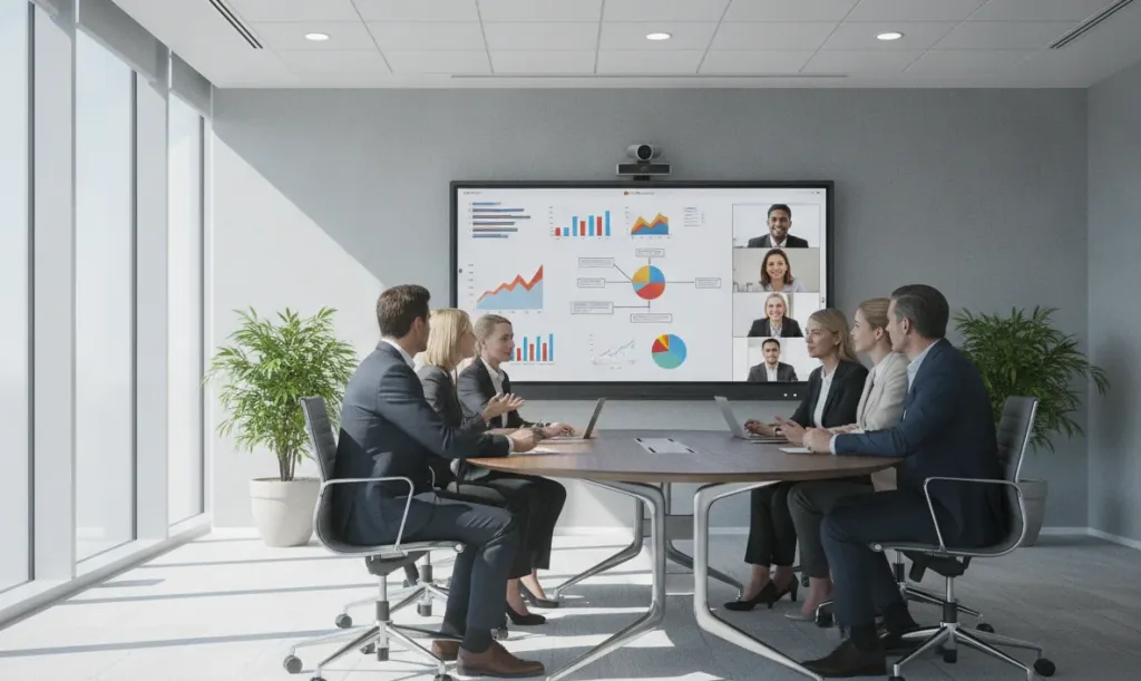 A hybrid meeting in a modern conference room with a large interactive display showing charts and remote participants on screen
