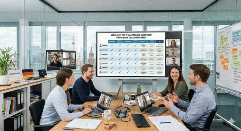 Modernes Smartboard in einem Meetingraum mit hybriden Teams – interaktive Zusammenarbeit in Echtzeit