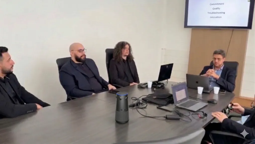 Figure 1: Professional wealth manager conducting a secure video consultation with a high-net-worth client in an elegant private banking office