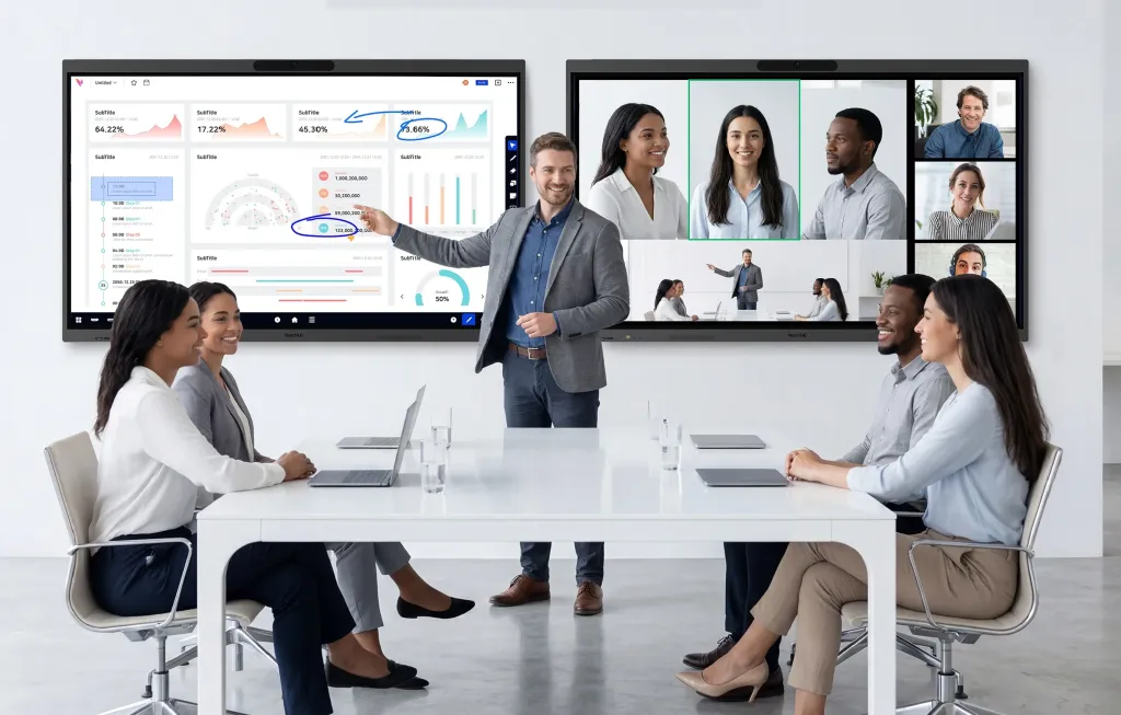 A team collaborating in a modern conference room using the NearHub S Max interactive display for data analysis and video conferencing