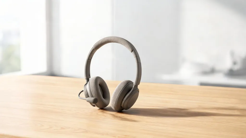 A modern wireless business headset with boom microphone resting on a clean minimalist wooden desk in a bright contemporary office