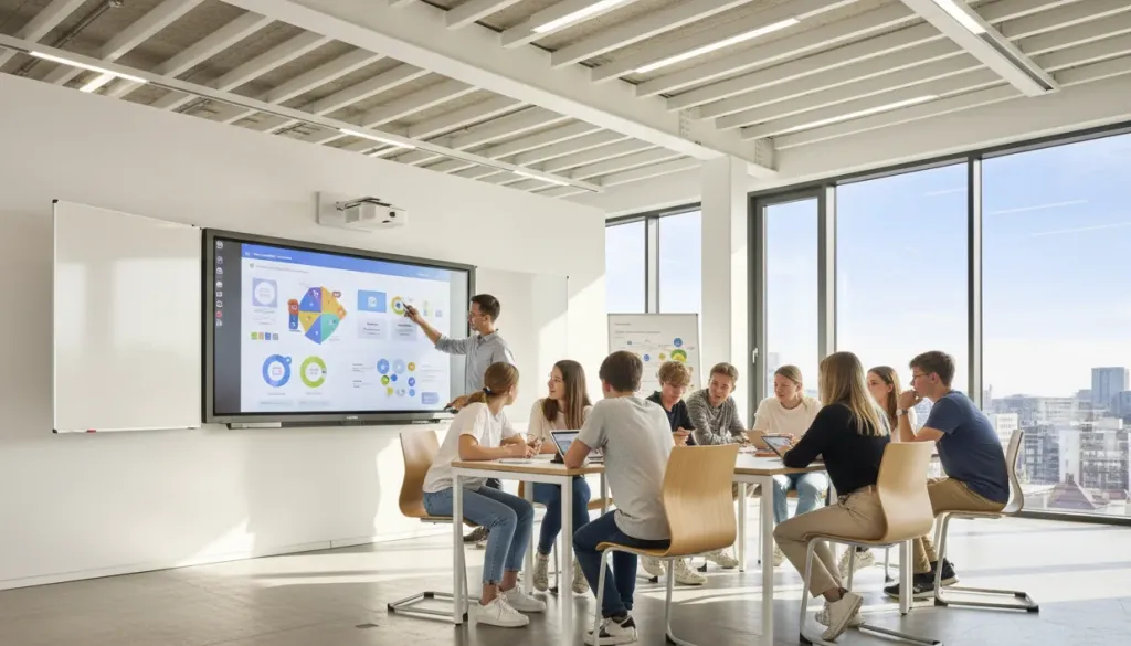 Moderner Klassenraum mit interaktivem Display und Lehrenden am digitalen Whiteboard