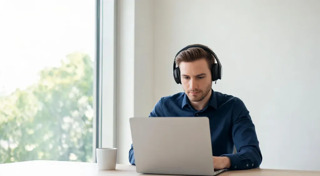 Professional wearing a wireless noise cancelling headset while working at a modern desk with natural light and minimal clutter, clean edges, no borders, no black bars, full bleed composition