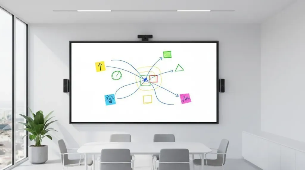 Modern standalone interactive whiteboard in a bright meeting room with digital annotations on screen and no visible cables or external computer equipment