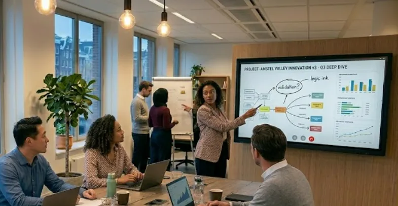 Figure 1: Modern leadership team collaborating around an interactive display in a hybrid office setting