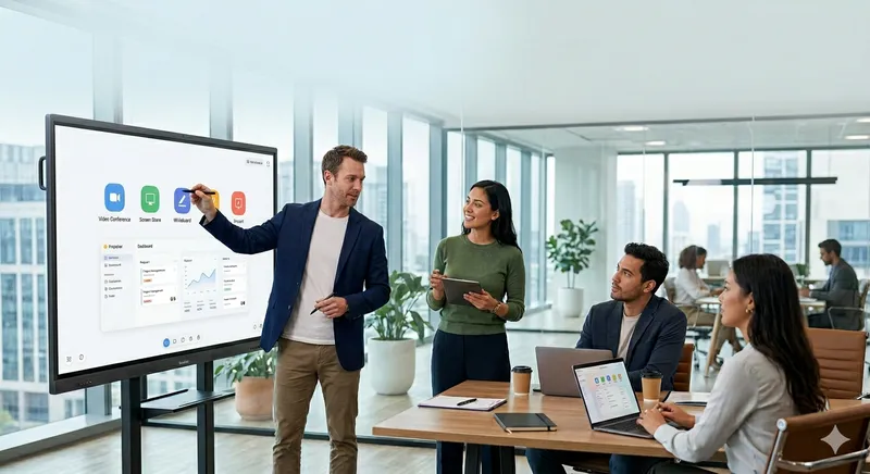 NearHub Smartboard in einem modernen Besprechungsraum mit Team-Meeting