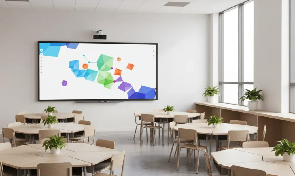 Modern classroom equipped with an interactive whiteboard ready for Google Workspace integration