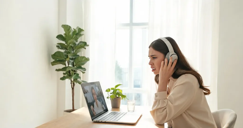 Frustrated professional experiencing Bluetooth audio dropouts during a video call in a bright home office