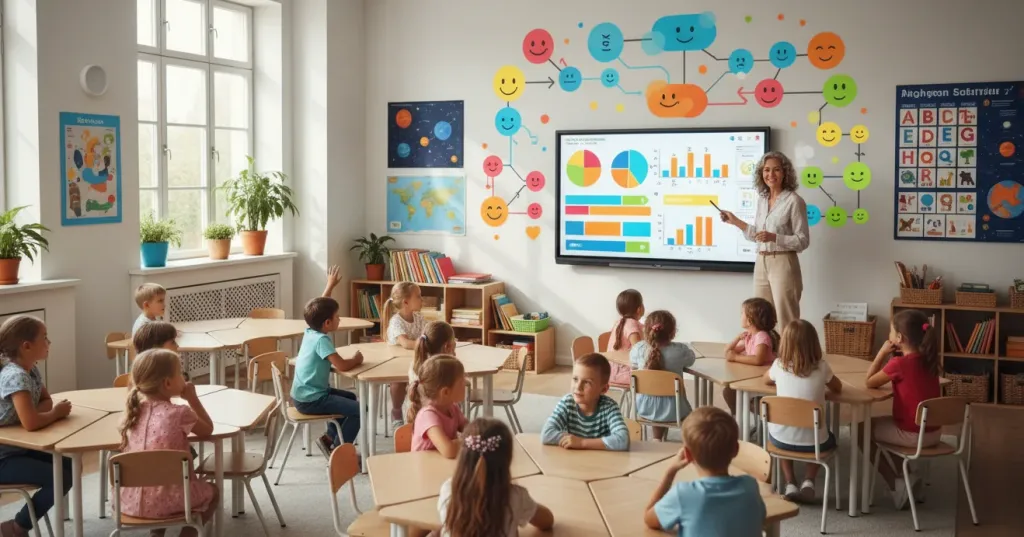 Teacher presenting AI-generated content on an interactive whiteboard to engaged elementary students in a bright modern classroom