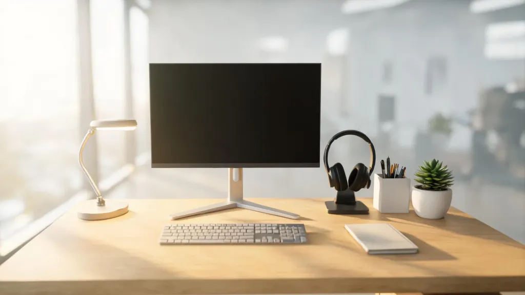 A modern professional office desk with an ultrawide monitor, mechanical keyboard, headset on a charging stand, desk organizer, and warm LED lamp in natural morning light