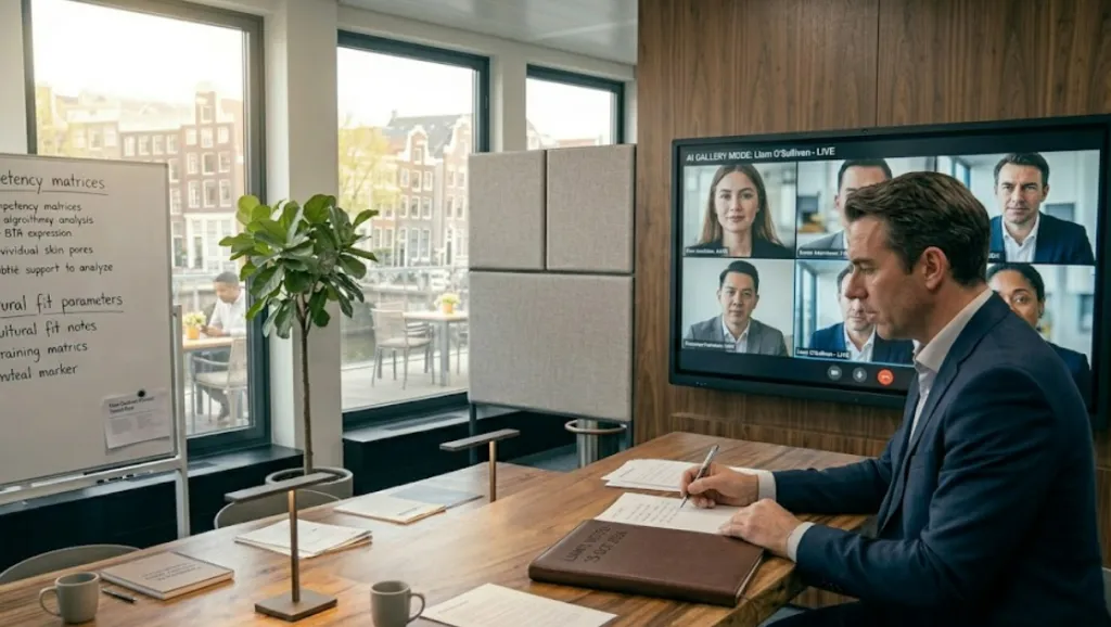 Figure 1: CEO commanding hybrid team meetings from a modern office hub using interactive smart board technology