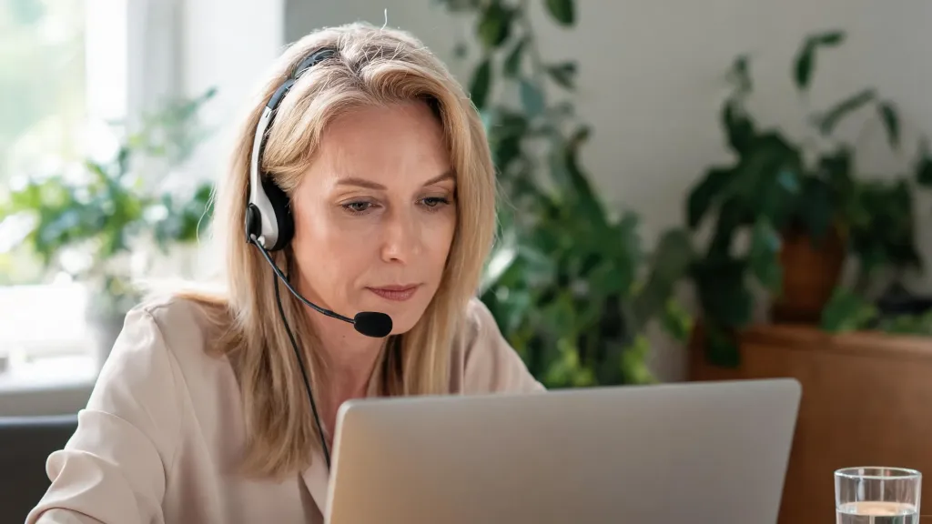A remote worker at a home office desk wearing a lightweight wireless headset during a video call, soft window light and a calm, candid mood