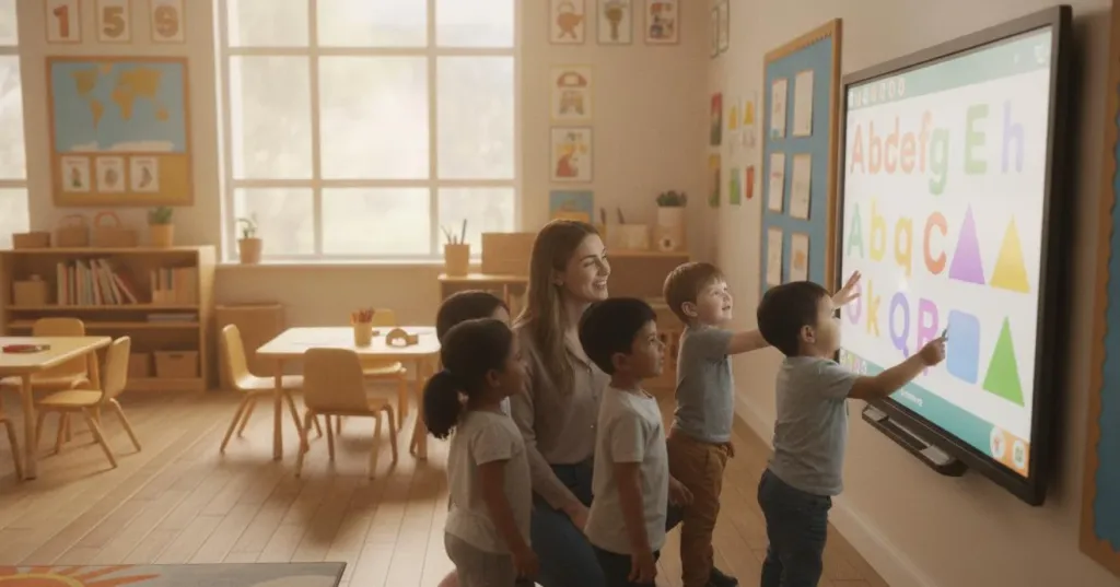 Kindergarten teacher and children interacting with a large touchscreen display during a letter-learning activity