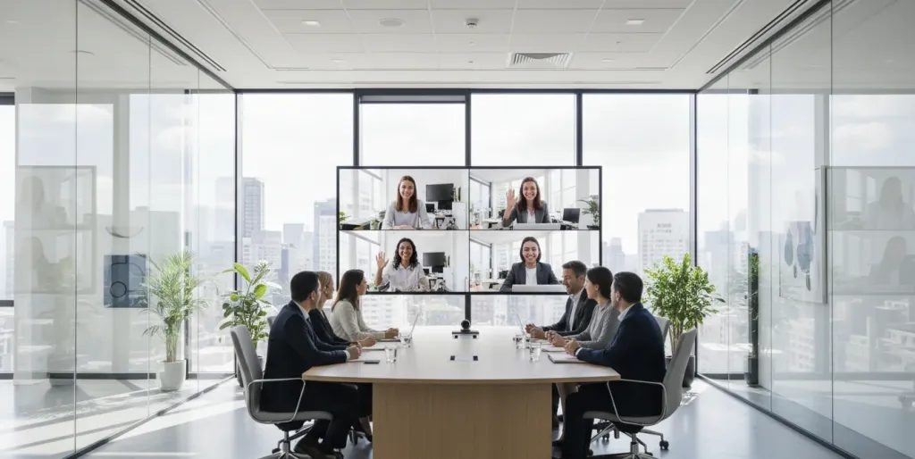 Modernes Meetingraum-Setup mit interaktivem Whiteboard und hybriden Teilnehmern
