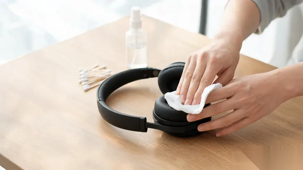 A pair of black over-ear headphones on a light wood desk being wiped clean with a soft microfiber cloth in bright natural light